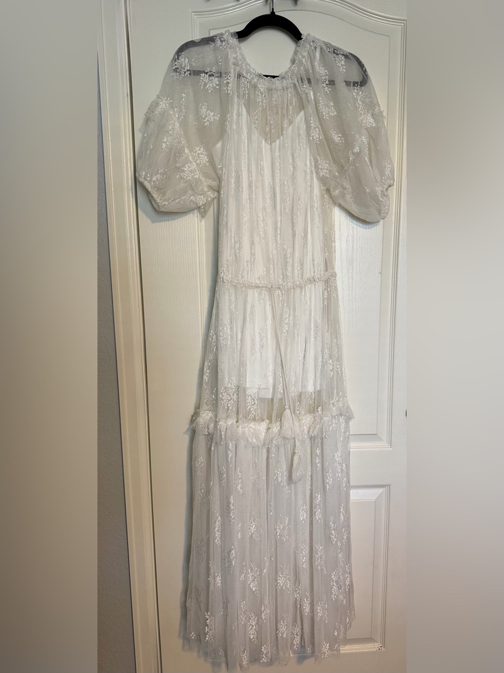 White Lace Tiered Dress with Puff Sleeves